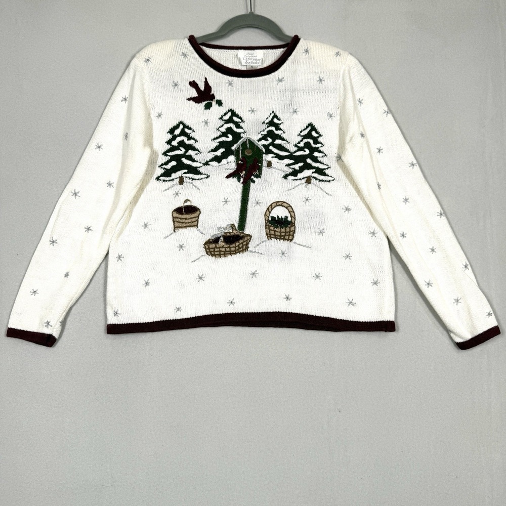 Vintage Christmas Sweater Women Medium Winter Birds Cardinal Trees Snow Pullover
